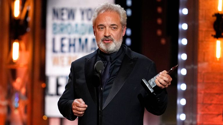 Sam Mendes accepts the award for best direction of a play for "The Lehman Trilogy" at the 75th annual Tony Awards on Sunday, June 12, 2022, at Radio City Music Hall in New York. (Photo by Charles Sykes/Invision/AP)