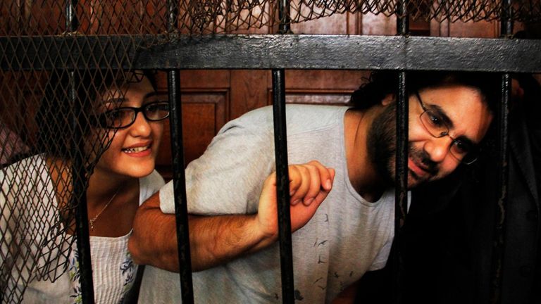 Alaa Abd El-Fattah with his sister Sanaa Seif at a court hearing in Egypt