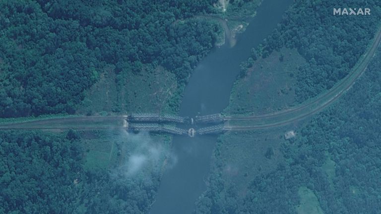 A satellite image shows damaged railroad bridges in the northwest of Severodonetsk, Ukraine June 11, 2022. Picture taken June 11, 2022. Maxar Technologies/Handout via REUTERS ATTENTION EDITORS - THIS IMAGE HAS BEEN SUPPLIED BY A THIRD PARTY. MANDATORY CREDIT. NO RESALES. NO ARCHIVES. DO NOT OBSCURE LOGO.
