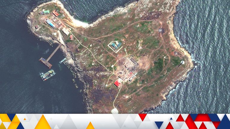 A satellite image shows an overview of Snake Island, Ukraine May 12, 2022. Picture taken May 12, 2022. Satellite image 2022 Maxar Technologies/Handout via REUTERS ATTENTION EDITORS - THIS IMAGE HAS BEEN SUPPLIED BY A THIRD PARTY. MANDATORY CREDIT. NO RESALES. NO ARCHIVES. DO NOT OBSCURE LOGO.
