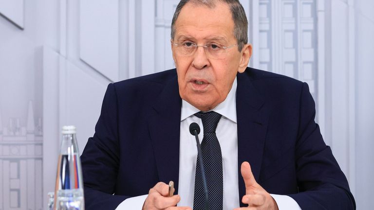 In this photo released by Russian Foreign Ministry Press Service, Russian Foreign Minister Sergey Lavrov gestures while speaking during a news conference in Moscow, Russia, Monday, June 6, 2022. Serbia says that a planned visit by Russia&#39;s foreign minister to the Balkan country will not take place. The announcement followed reports that Serbia&#39;s neighbors, Bulgaria, North Macedonia and Montenegro refused to allow Sergey Lavrov&#39;s plane to fly through their airspace to reach Serbia. (Russian Forei