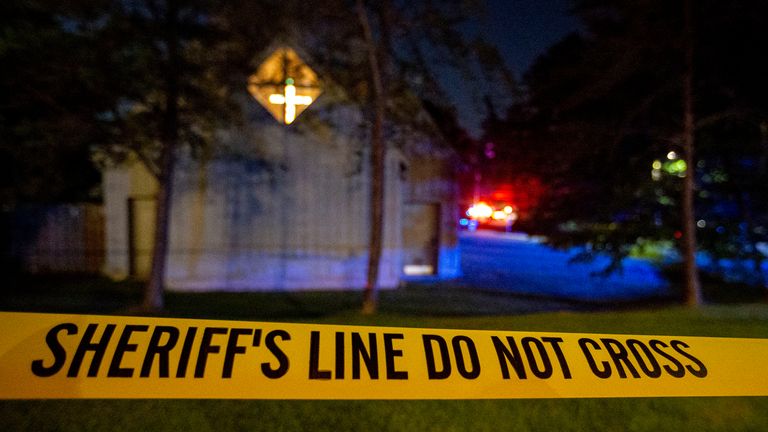 Police barricade off the area after a shooting at the Saint Stephen...s Episcopal Church on Thursday, June 16, 2022 in Vestavia, Ala. (AP Photo/Butch Dill)