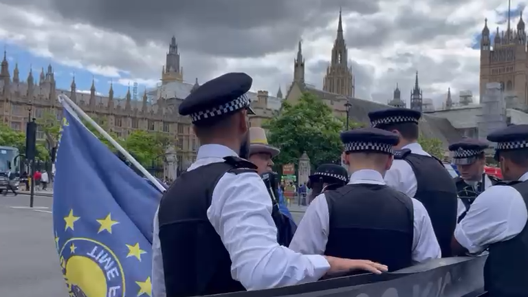 Police seize amplifiers from Steve Bray during a protest outside Parliament