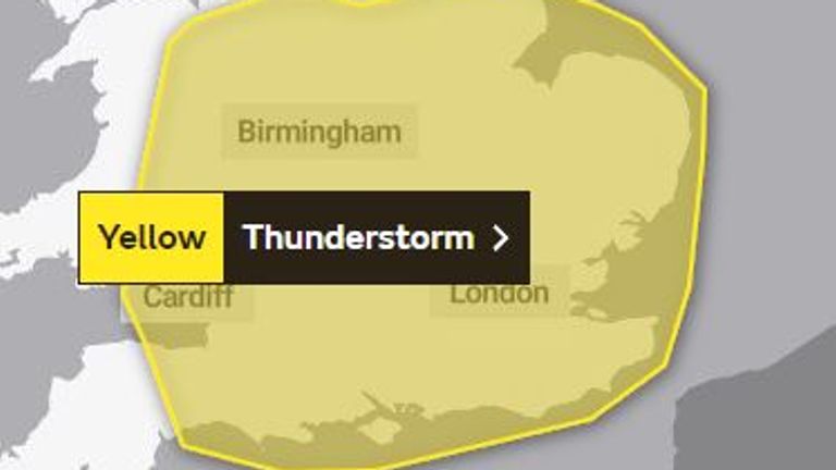Thunderstorm warning issued for southern England with torrential rain expected