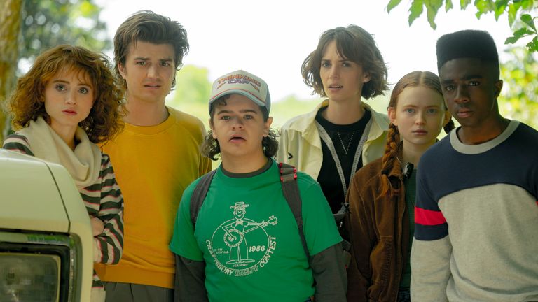 L-R: Natalia Dyer as Nancy Wheeler, Joe Keery as Steve Harrington, Gaten Matarazzo as Dustin Henderson, Maya Hawke as Robin Buckley, Sadie Sink as Max Mayfield and Caleb McLaughlin as Lucas Sinclair in Stranger Things. Pic: Tina Rowden/Netflix