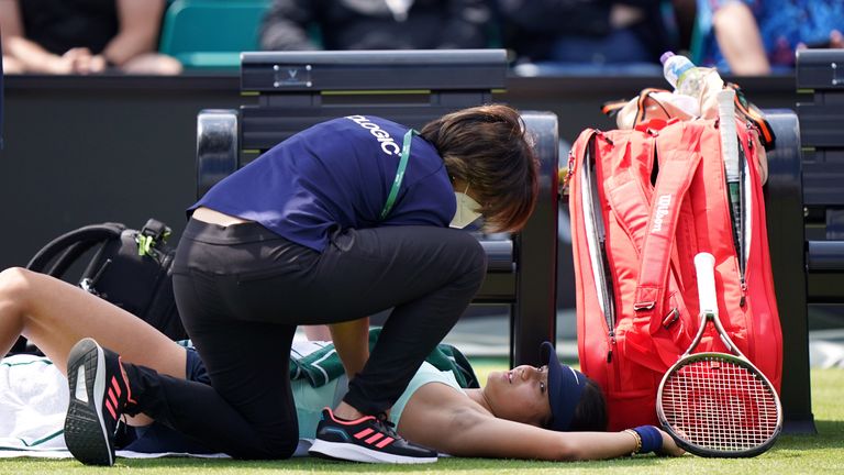 Emma Raducanu receives treatment for an injury during a medical time out in her match against Viktorija Golubic on day four of the Rothesay Open 2022 at Nottingham Tennis Centre, Nottingham. Picture date: Tuesday June 7, 2022.

