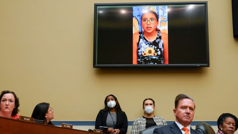 Miah Cerrillo, a survivor of the Texas school shooting, on video during a congressional hearing. Pic: AP