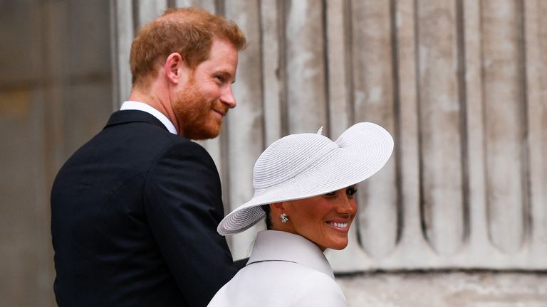 Britain&#39;s Prince Harry and Meghan, Duchess of Sussex, arrive for the National Service of Thanksgiving held at St Paul&#39;s Cathedral during the Queen&#39;s Platinum Jubilee celebrations in London, Britain, June 3, 2022. REUTERS/Toby Melville/Pool
