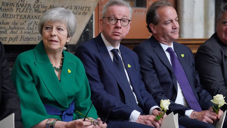(left to right) Theresa May, Levelling Up Secretary Michael Gove and Nick Hurd before the Grenfell fire memorial service at Westminster Abbey in London, in remembrance of those who died in the Grenfell Tower fire on June 14 2018. Picture date: Tuesday June 14, 2022.
