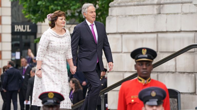 Former prime minister Tony Blair and his wife Cherie Blair arriving for the National Service of Thanksgiving at St Paul&#39;s Cathedral, London, on day two of the Platinum Jubilee celebrations for Queen Elizabeth II. Picture date: Friday June 3, 2022.
