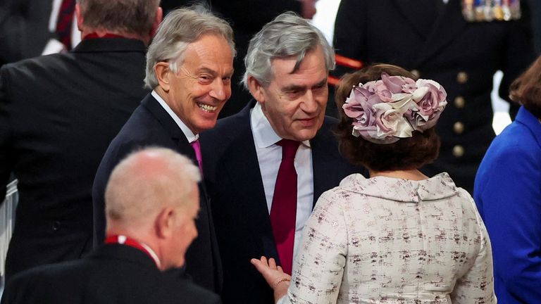 Former British Prime Ministers Tony Blair and Gordon Brown arrive for the National Service of Thanksgiving held at St Paul&#39;s Cathedral as part of celebrations marking the Platinum Jubilee of Britain&#39;s Queen Elizabeth, in London, Britain, June 3, 2022. REUTERS/Phil Noble/Pool
