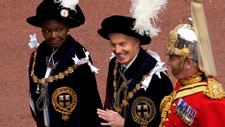 Former British Prime Minister Tony Blair,  and former leader of the British House of Lords Baroness Amos, left, walk in the procession to St George&#39;s Chapel for the Order of the Garter service at Windsor Castle
PIC:AP