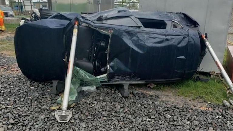 The driver of this car was lucky to escape serious injuries after being hit by a train having dodged a level crossing barrier. Pic: Metrolinx