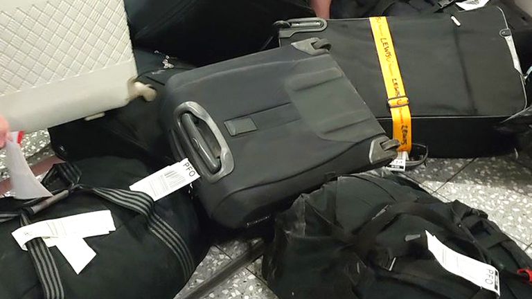 Baggage on te floor at Bristol Airport after flights were cancelled there this week