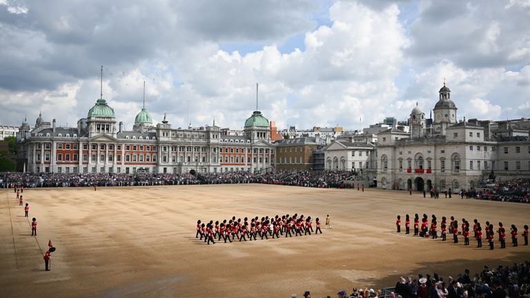 The Queen&#39;s guards march during the Trooping the Colour ceremony at Horse Guards Parade, central London, as the Queen celebrates her official birthday, on day one of the Platinum Jubilee celebrations. Picture date: Thursday June 2, 2022.