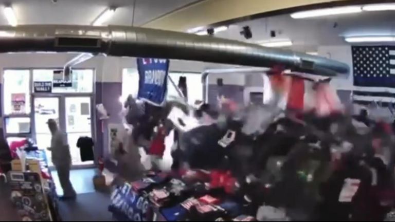 Police have released CCTV footage showing the moment when a vehicle crashed into a New England for Trump store in Easton, Massachusetts, on 16 June