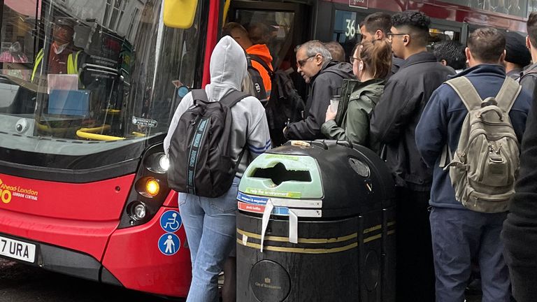 People waiting tp board a bus in Paddington amid Monday&#39;s tube strike