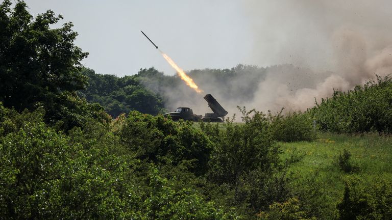 A Ukrainian BM-21 Grad multiple rocket launch system, near the town of Lysychansk
