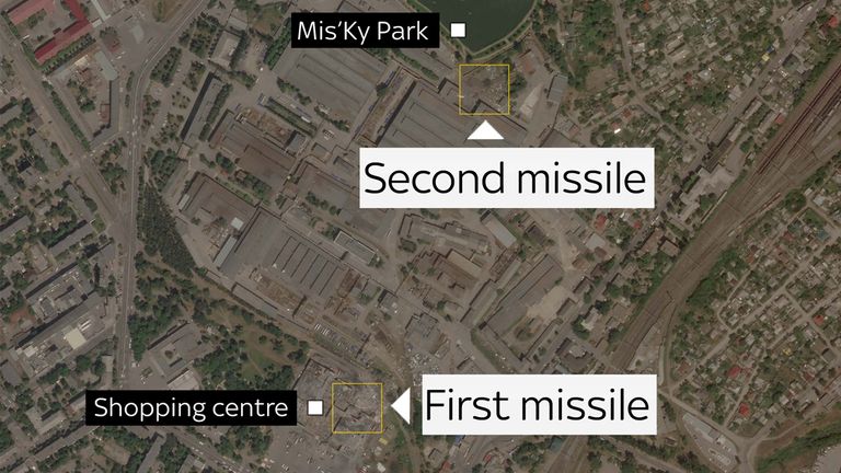 The first missile hit the shopping centre and the second landed 500m away in an industrial area.
