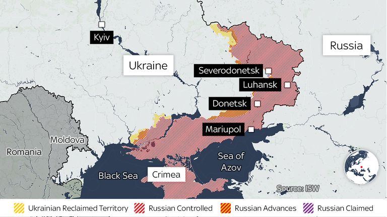 Map of Ukraine showing where things stand on day 113 of the Russian invasion