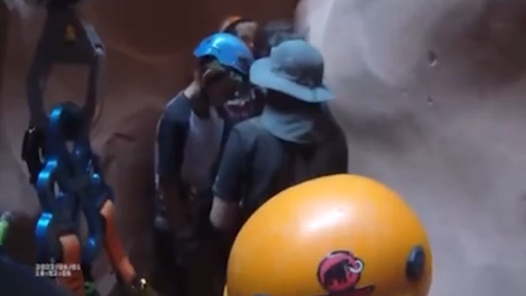 Group of schoolchildren waiting to be rescued from a slot canyon in Utah after going missing for more than 30 hours. Pic: Utah Department of Public Safety