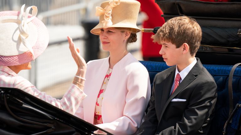 Viscount Severn and Lady Louise Windsor ride in a carriage as the Royal Procession leaves Buckingham Palace for the Trooping the Colour ceremony at Horse Guards Parade, central London, as the Queen celebrates her official birthday, on day one of the Platinum Jubilee celebrations. Picture date: Thursday June 2, 2022.
