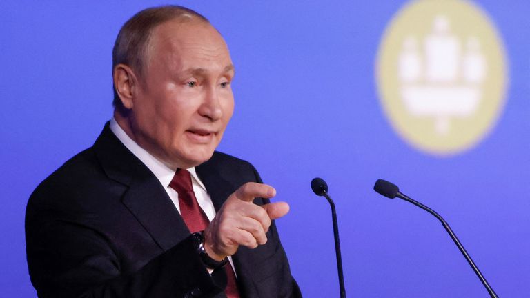 Vladimir Putin delivering a speech at the Saint Petersburg International Economic Forum (SPIEF) in Saint Petersburg, Russia, on Friday