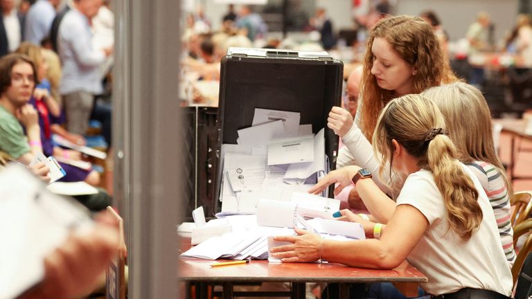 Staff count ballot papers after a by-election, at Thornes Park Athletics Stadium in Wakefield, Britain, June 23, 2022. REUTERS/Phil Noble