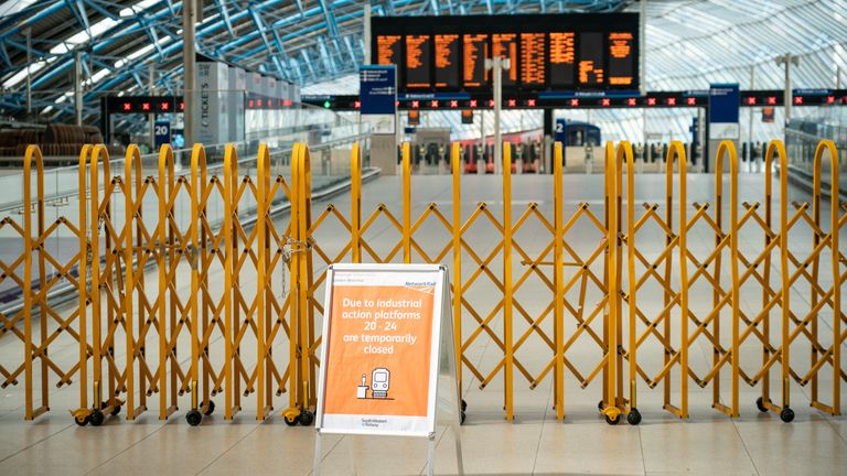 The platforms at London's Waterloo station are closed as train services continue to be disrupted following a nationwide strike by members of the Rail, Maritime and Transport union over a dispute over wages. employment and conditions.  Date taken: Wednesday, April 20, 2022.