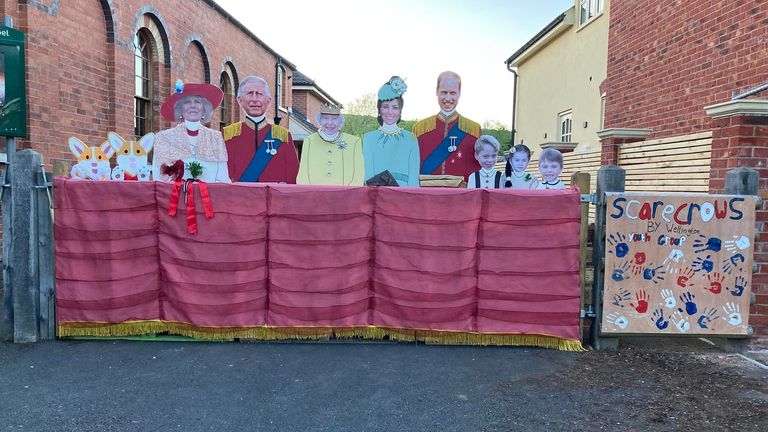 Undated handout photo issued by the Wellington Village Fun Week of scarecrow figures of members of the royal family. A village in Herefordshire is celebrating the Queen&#39;s Platinum Jubilee with a royal-themed scarecrow competition, crafting 104 figures so far to stand watch ahead of the weekend. Wellington Village Fun Week is a local event organised every two years, and has this year been taken over by jubilee celebrations. Issue date: Wednesday June 1, 2022.
