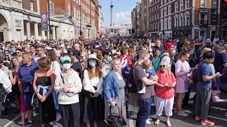 Crowds on Whitehall ahead of the Trooping the Colour ceremony at Horse Guards Parade, central London, as the Queen celebrates her official birthday, on day one of the Platinum Jubilee celebrations. Picture date: Thursday June 2, 2022.