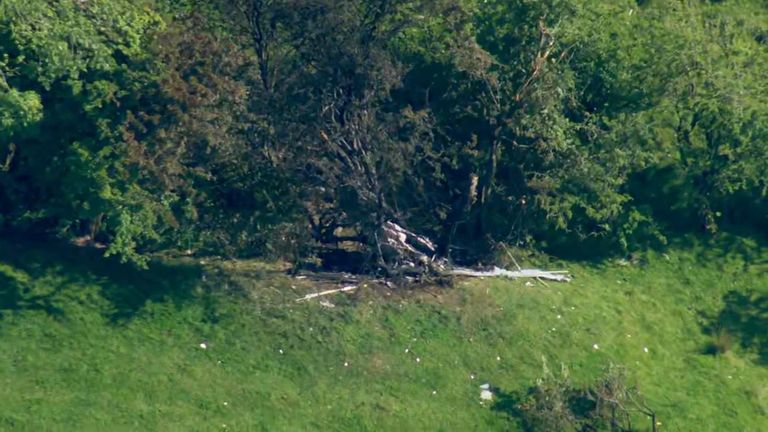 Grabs taken from Sky news helicopter footage of the helicopter crash in Yorkshire 