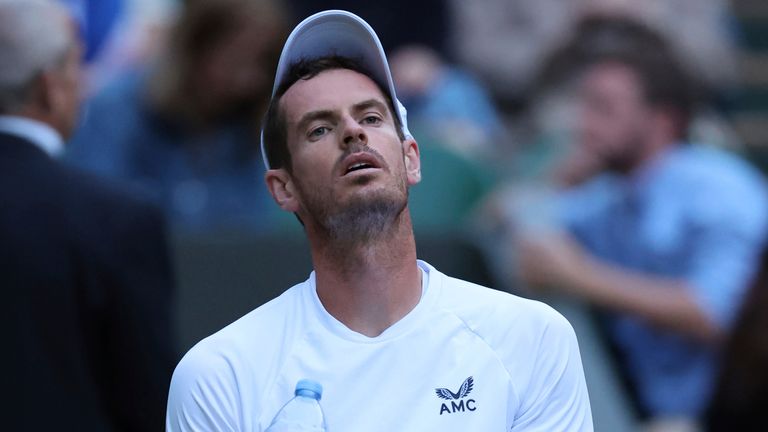 Andy Murray of United Kingdom reacts after losing 5th game of 4th set during gentlemen&#39;s singles 2nd round match against John Isner of United States in the Championships, Wimbledon at All England Lawn Tennis and Croquet Club in London, United Kingdom on June 29, 2022.( The Yomiuri Shimbun via AP Images )