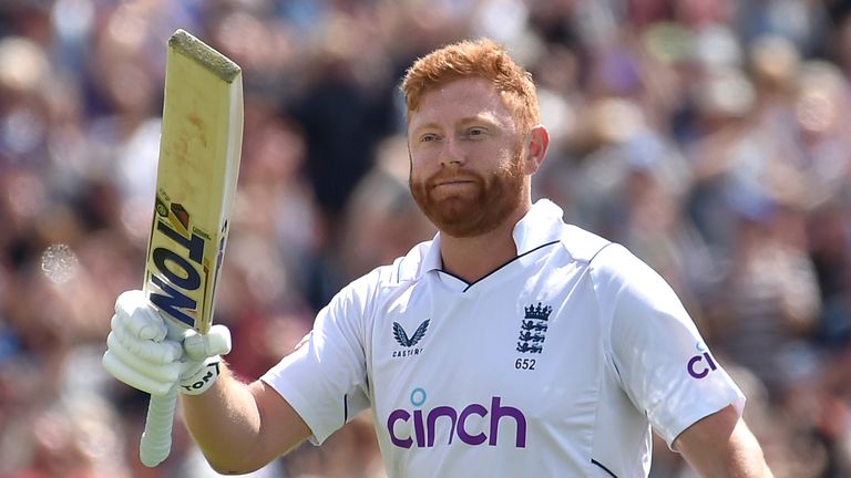 England&#39;s Jonny Bairstow salutes fans as he walks off the field after losing his wicket during the third day of the third cricket test match between England and New Zealand at Headingley in Leeds, England, Saturday, June 25, 2022.. (AP Photo/Rui Vieira)