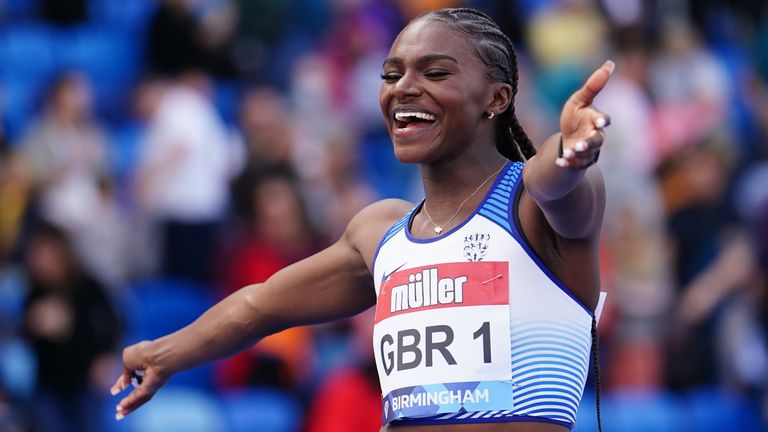 Great Britain&#39;s Dina Asher-Smith celebrates winning the Women&#39;s 4x100m Relay during the Muller Birmingham Diamond League meeting at the Alexander Stadium, Birmingham. Picture date: Saturday May 21, 2022.