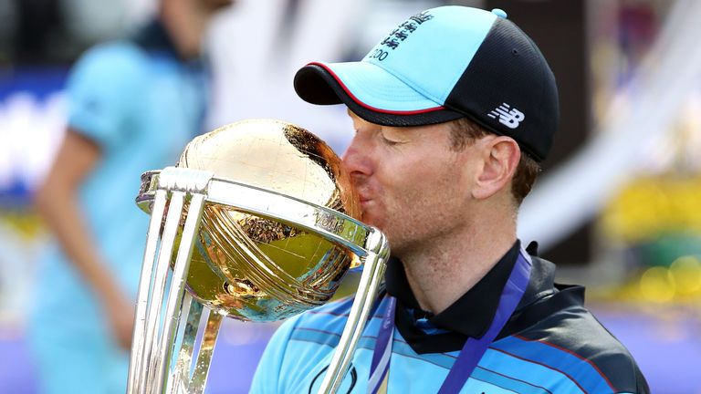 England captain Eoin Morgan celebrates with the World Cup trophy in 2019
