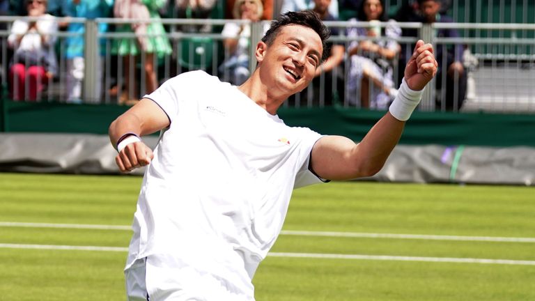 Ryan Peniston celebrates victory over Henri Laaksonen on day two of the 2022 Wimbledon Championships at the All England Lawn Tennis and Croquet Club, Wimbledon. Picture date: Tuesday June 28, 2022.
