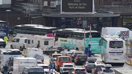 Vehicles queue to enter the Port of Dover in Kent as families embark on summer getaways following the start of holidays for many schools in England and Wales. Picture date: Thursday July 28, 2022.
