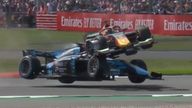 Dennis Hauger&#39;s car was lifted up and ended up on top of Roy Nissany&#39;s vehicle during the F2 race at Silverstone. Pic: Sky Sports/F2

Both drivers have escaped unhurt after the crash due to the ‘life-saving’ halo.
