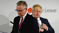 Britain&#39;s Justice Secretary Michael Gove (L) prepares to speak after Vote Leave campaign leader Boris Johnson, at the group&#39;s headquarters in London, Britain June 24, 2016. REUTERS/Mary Turner/Pool
