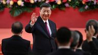 China&#39;s President Xi Jinping waves following his speech after a ceremony to inaugurate the city&#39;s new leader and government in Hong Kong, China, July 1, 2022, on the 25th anniversary of the city&#39;s handover from Britain to China.  Selim Chtayti/Pool via REUTERS 