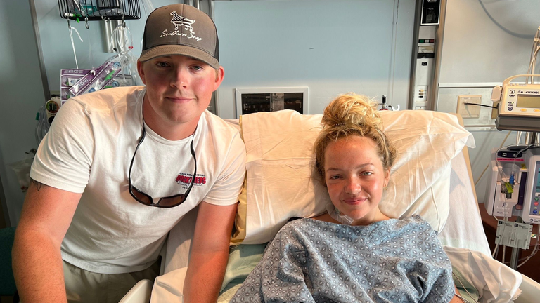 Rhett Willingham (L) saved his sister Addison Bethea (R) from a shark attack off the coast of Florida. Pic: Tallahassee Memorial HealthCare