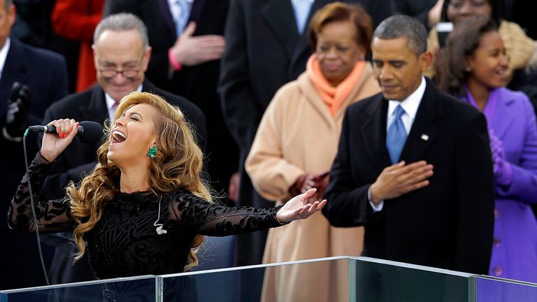 Beyonce performed the National Anthem at Barack Obama's second inauguration in 2013. Pic: AP Photo/Carolyn Kaster