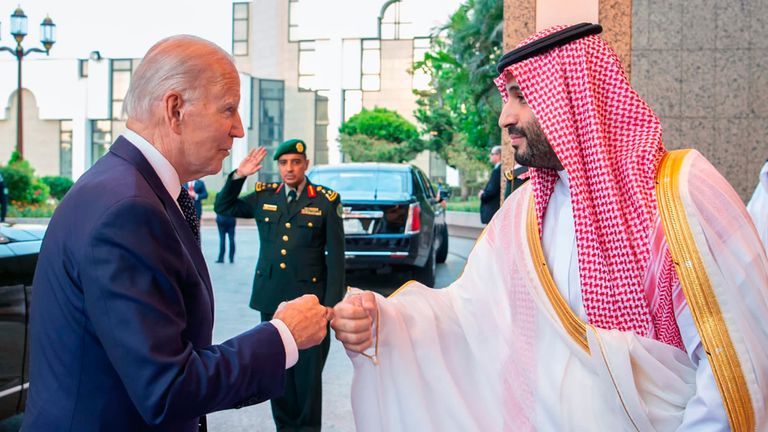 Saudi Crown Prince Mohammed bin Salman greets President Joe Biden with a fist bump after his arrival in Jeddah, Saudi Arabia.