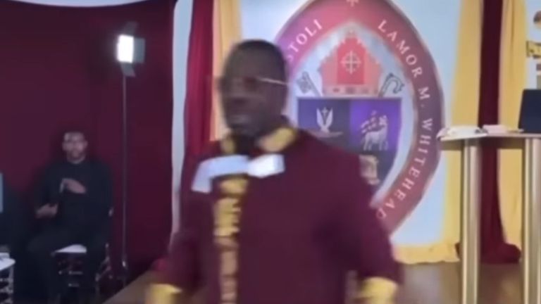 Bishop Lamor Miller-Whitehead is robbed during a sermon at the Leaders of Tomorrow International Ministries service in Brooklyn, New York. Pic: YouTube