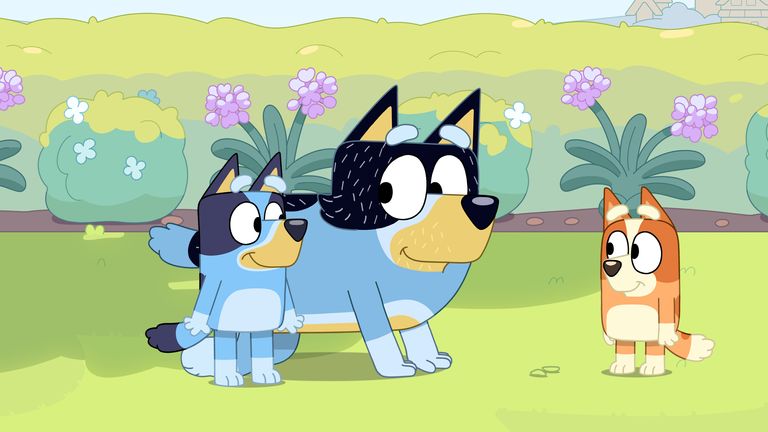 Bluey and Bingo make Dad play his least favorite game, sheepdog.  Pic: BBC
