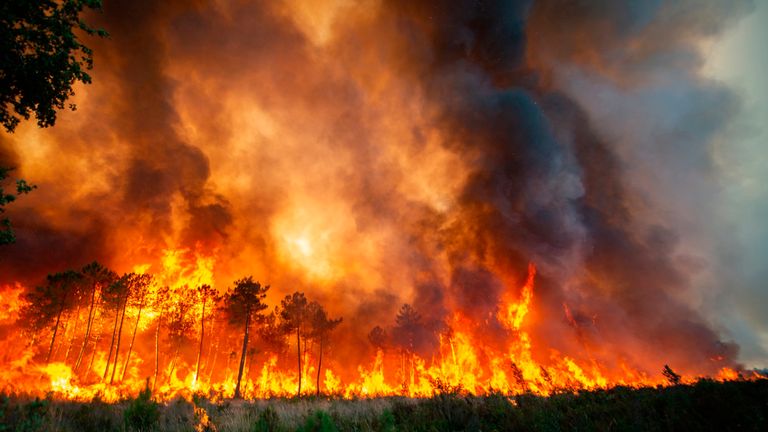 Esta foto fornecida pelo Serviço de Bombeiros da Região de Gironde (SDIS 33) mostra um incêndio florestal perto de Landiras, sudoeste da França, no sábado, 16 de julho de 2022. Ventos fortes e clima quente e seco estão frustrando os esforços dos bombeiros franceses para apagar um enorme freio de incêndio florestal que atravessou florestas de pinheiros na região de Bordeaux pelo quinto dia consecutivo no sábado, um dos vários que devastaram a Europa nos últimos dias.  (SDIS 33 via AP)