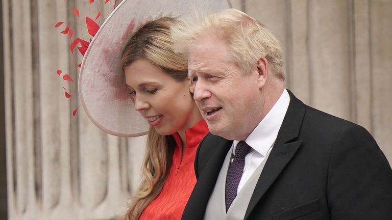 Boris Johnson and Carrie Johnson pictured leaving the National Service of Thanksgiving in June