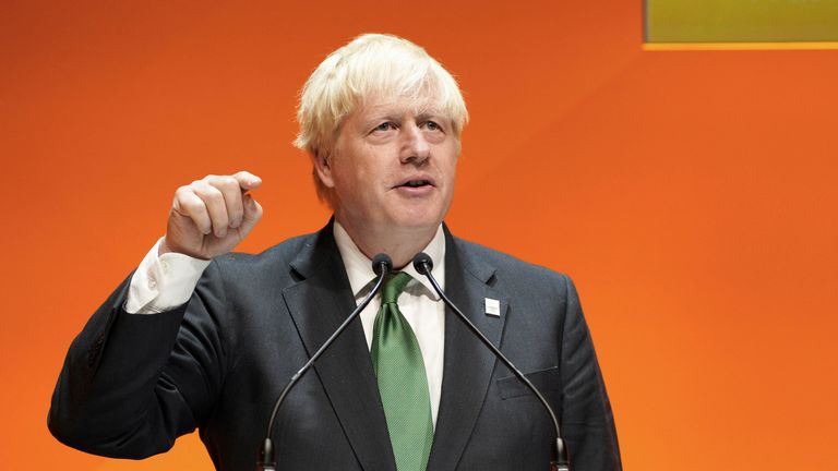 British Prime Minister Boris Johnson speaks at the the Commonwealth Business Forum at the ICC in Birmingham, England, Thursday, July 28, 2022. (Peter Byrne/Pool Photo via AP)