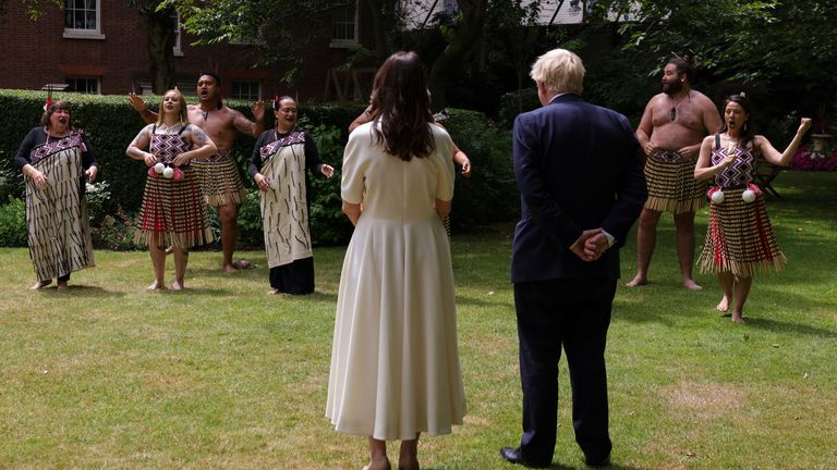 Boris Johnson meets New Zealand Prime Minister Jacinda Arden watch the Kapa Haka group give a performance in the garden of 10 Downing Street.